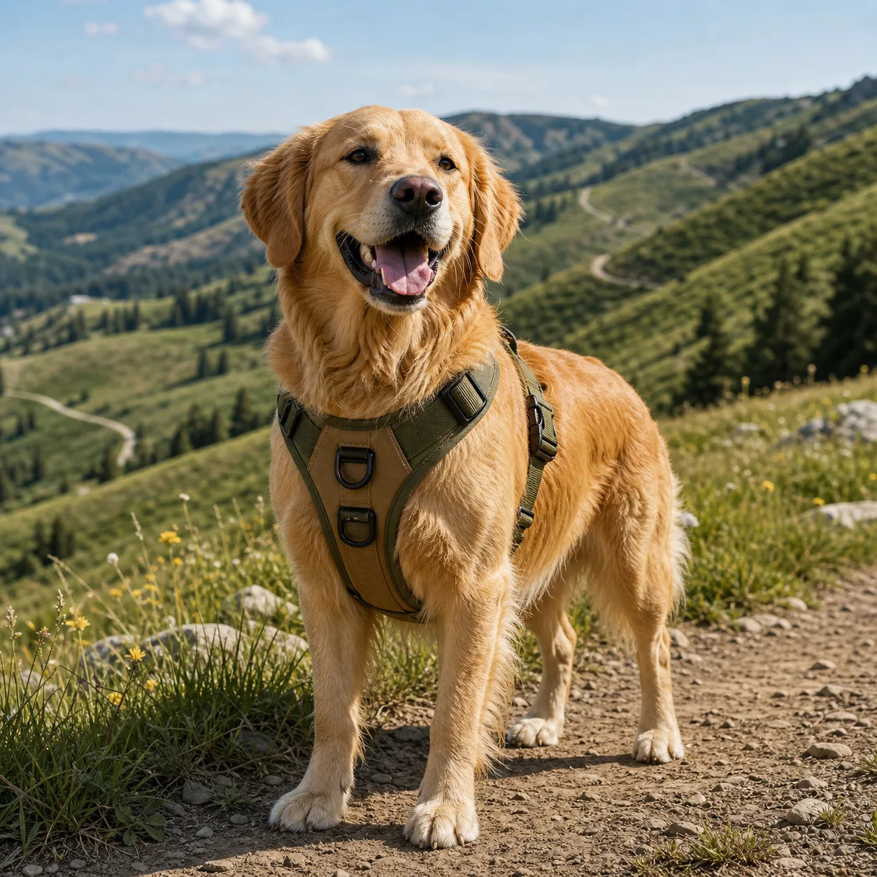 Person and dog looking toward a mountain lake