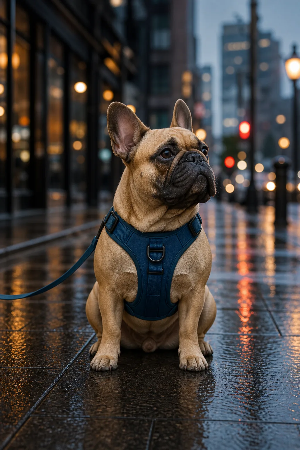 Dog in rainy city